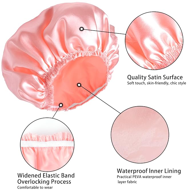 Shower Caps for Women, 4 PCS Reusable Waterproof Bath Cap | Double Layer, Washable, Wide Elastic Band, Holds Long Hair, Caps for Bath Accessories, Spa, Travel Home - Solid Color B