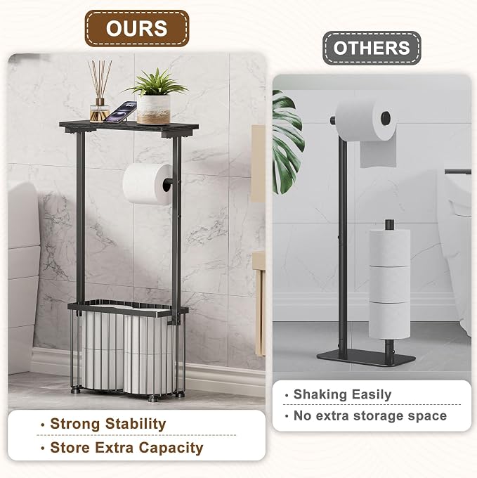 Free Standing Toilet Paper Holder with Storage Shelf – Bathroom Tissue Stand with Space for Phone, Wet Wipes and Magazines – All-in-One Toilet Roll Dispenser and Organizer Holds 4-6 Rolls