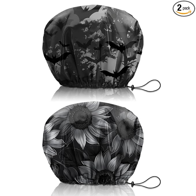 2 PCS Shower Cap Reusable Waterproof Double Layers Hair Caps Shower Bath Adjustable Elastic Hat for Women Girls Cute Aesthetic-Bat Sunflower