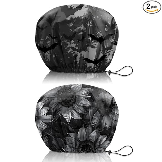 2 PCS Shower Cap Reusable Waterproof Double Layers Hair Caps Shower Bath Adjustable Elastic Hat for Women Girls Cute Aesthetic-Bat Sunflower