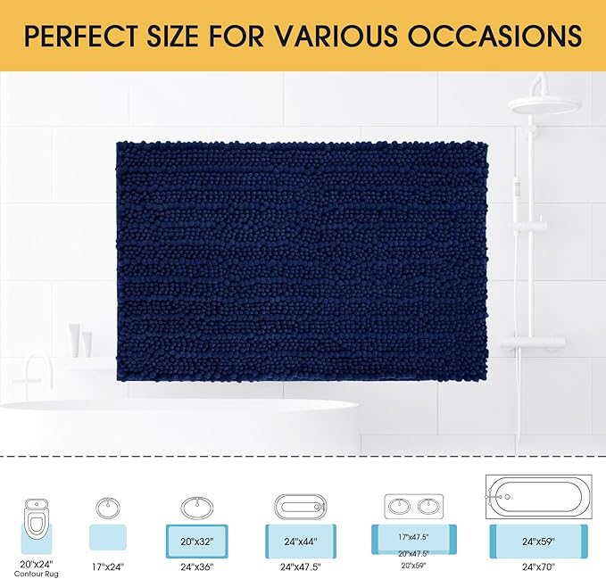 ACCUMTEK Upgrade Luxury Navy Blue Bathroom Rug Mat 48"x17", Ultra Soft Thick Absorbent Bath Mats, Non Slip Chenille Toilet Mat for Bathroom, Bedroom, Kitchen, Shower, Tub