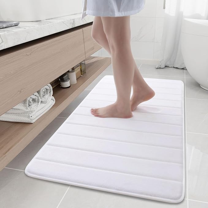 Buganda Memory Foam Bath Mat 47 x 24, Ultra Soft Absorbent Bathroom Rugs | White, Machine Washable Quick Dry Bath Mats for Bathroom Floor, Shower and Tub, Home Decor Accessories