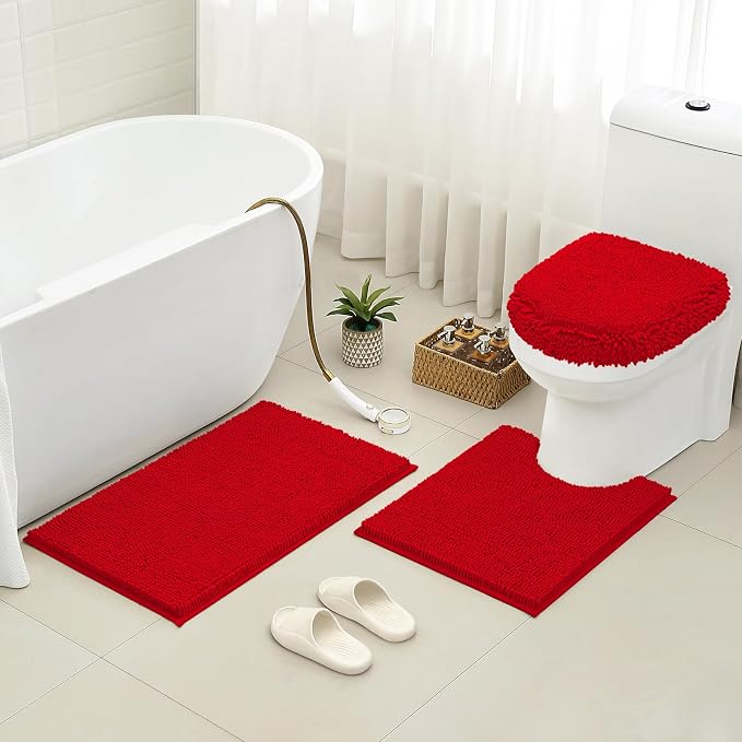 HOMEIDEAS 3 Pieces Red Bathroom Rugs Set, Ultra Soft Non Slip Bath Rug and Absorbent Chenille Bath Mat, Includes U-Shaped Contour Rug, Bath Mat and Toilet Lid Cover, Perfect for Bathroom, Tub