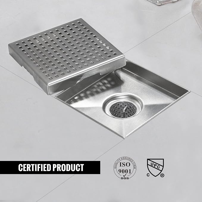 Square Shower Drain, Shower Drain 6 inch with Removable Grate Cover, Corrosion Resistant AISI 304 Stainless Steel Shower Floor Drain with Hair Catcher