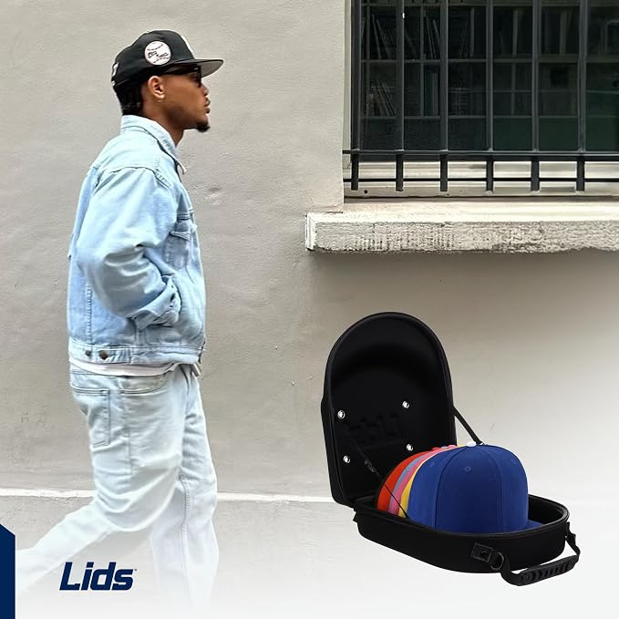 Lids Hat Travel Case – Baseball Cap Carrier for 6 Hats, Durable Khaki Exterior with Black Interior, Storage with Handle & Adjustable Shoulder Strap, Hard Hat Organizer for Travel & Closet