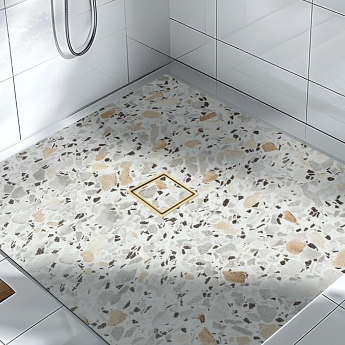 6-Inch Square Shower Drain, Brushed Gold Floor Drain with Flange, 304 Stainless Steel Bathroom 2-in-1 Tile Drain