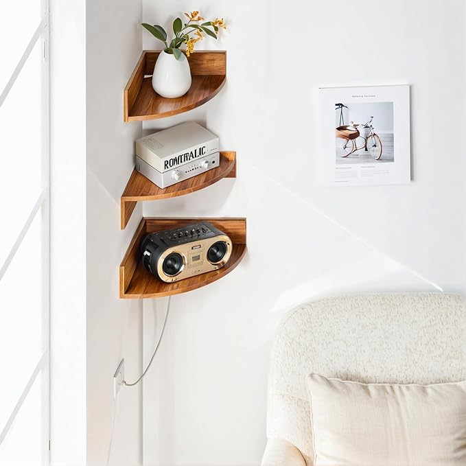 Demigo Corner Shelf Wall Mount Set of 3, Solid Acacia Wood Round Floating Corner Shelves for Storage and Display, Hanging Wood Shelves for Bedroom, Kitchen, Living Room, Bathroom (Brown) | Hanging Wall Storage & Display Corner Rack for Bedroom, Kitchen...