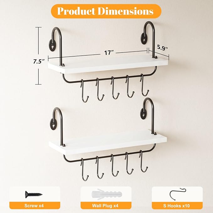 Olakee Floating Wall Shelves for Kitchen Bathroom Coffee Nook with 10 Adjustable Hooks for Mugs Cooking Utensils or Towel Rustic Storage Shelves Set of 2/17x5.9 inch (White)