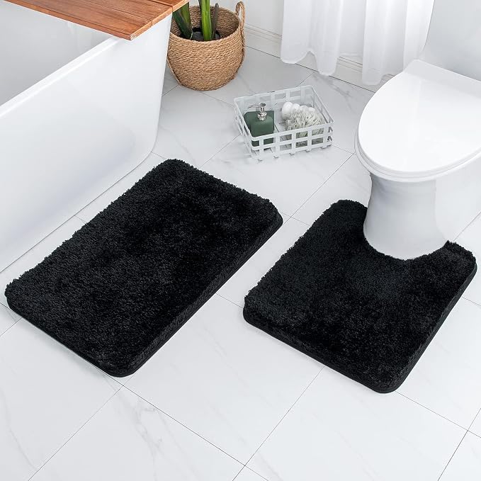 MIULEE Black Bathroom Rugs Set 2 Piece Soft Bath Mats 20x24+16x24 Inch | Absorbent Microfiber Bath Mat and U-Shaped Toilet Rug, Non Slip, Quick Dry, for Bathroom Floor Tub Showers, Machine Washable