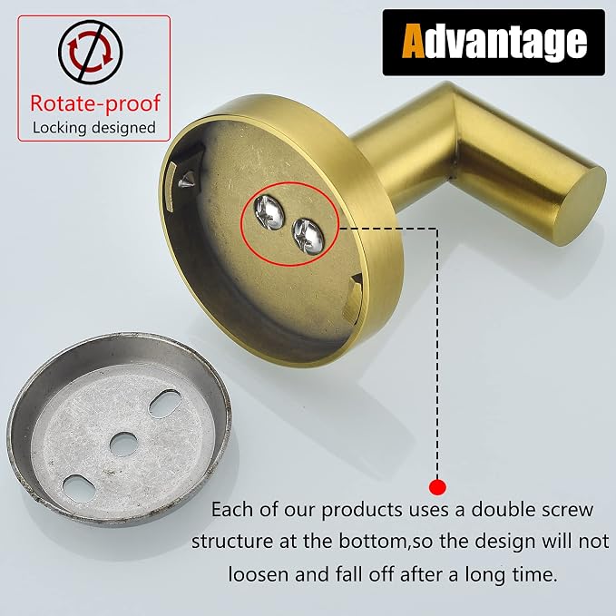 2 Pack Bath Towel Hook, Gold Robe Hook Stainless Steel Bathroom Clothes Coat Hook Wall Mounted Brushed Gold,96018-8BG.