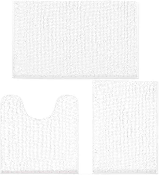 LINLA 3 Pieces Bathroom Rug Set, Absorbent Non Slip Chenille Bath mat | Absorbent Thick Plush Chenille Carpet Mats Set,Washable Dry Quickly with U-Shaped Toilet Mat for Tub, Shower