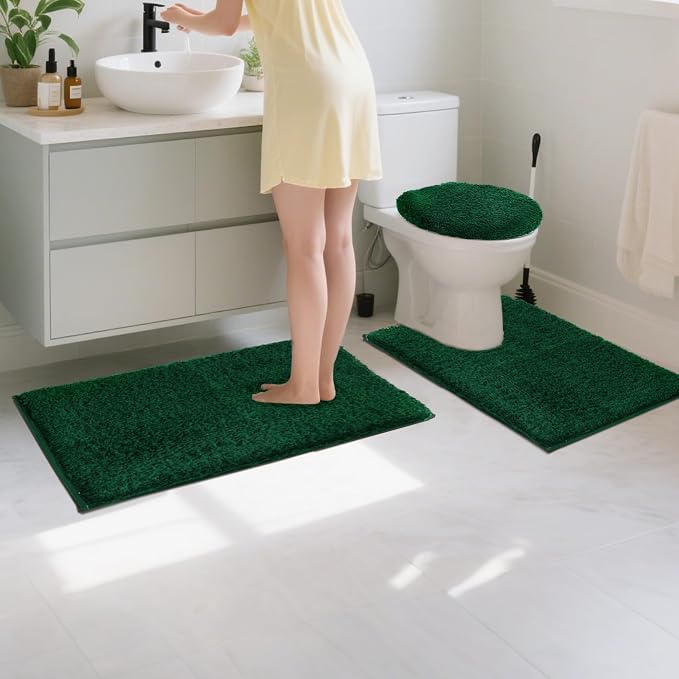 Bathroom Rugs Sets 3 Piece with Toilet Seat Cover 17.5"x 15" | Machine Washable Bath Rug Set with Tpr Non Slip Rubber Backing Solid Bath Mat Set for Luxury Bathroom Decoration