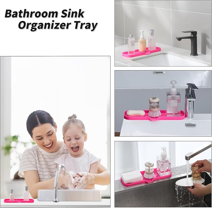 MicoYang Silicone Soap Dish with Drain Spout — Self-Draining Double Sink Organizer Tray for Kitchen & Bathroom, Dispensers, Sponges & Soap Holder, Non-Slip & Dishwasher Safe, Rose (Large, 12"×4")