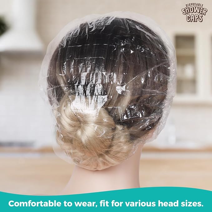 LEOBRO 100PCS Disposable Shower Caps, Shower Caps for Women Disposable, Clear Plastic Shower Cap, Plastic Hair Caps for Hair Treatment, Regular Size 17.3 INCH