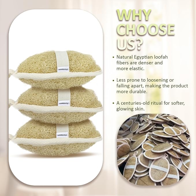 Premium Egyptian Natural Loofah Sponge 100% Plant-Based Exfoliating Body Scrubber Dye-Free Biodegradable Shower Pouf Deep Cleansing for Body Back and Face, Women & Men (3 Pack)