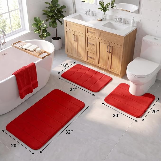 Bathroom Rugs Set 3 Piece, Memory Foam Bath Rugs, Non Slip Washable Bathroom Rug Set, Extra Soft Absorbent Bath Mats with U-Shaped Toilet Rug, Red