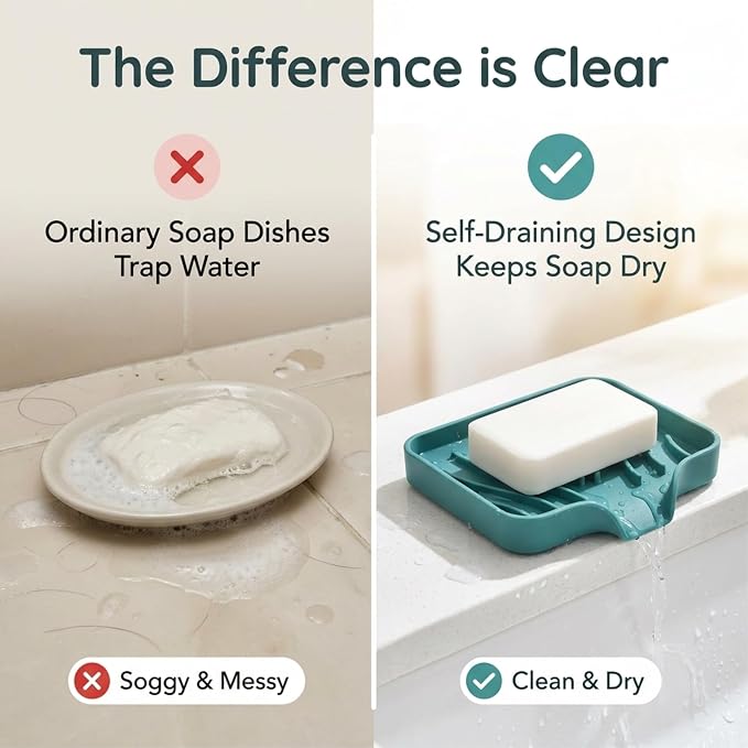 Self Draining Soap Dish with Drain Spout - Bar Soap Holder for Bathroom & Kitchen Sink - Flexible Non-Slip Silicone Soap Holder for Bar Soap, Sponge & Scrubber – 3 Pack