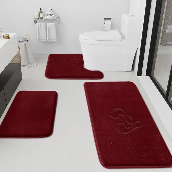 Bathroom Rugs Sets 3 Piece, Non-Slip & Quick Dry Bath Mat Set, Ultra Soft Velvet Bath Rugs for Bathroom, Toilet and Shower Floor, Red
