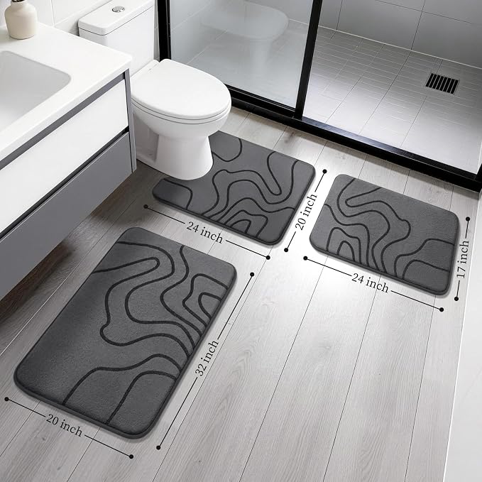 Memory Foam Bathroom Rugs Sets 3 Piece, Ultra Soft Bath Mat, Dark Grey | Ultra Soft, Extra Thick Bath Mat, Absorbent, Non-Slip, Machine Washable, For Tub, Shower & Home Decor Accessories