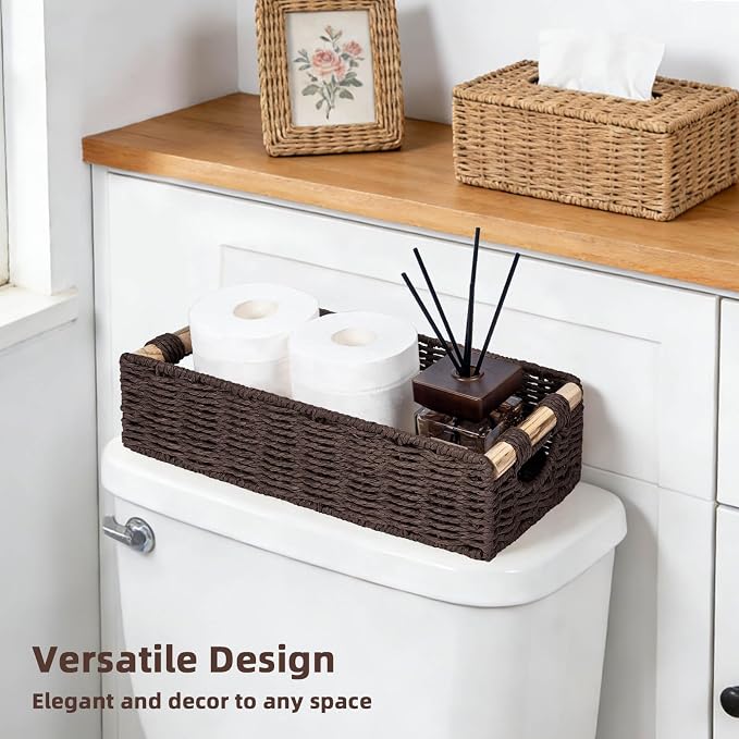CubesLand Back of Toilet Storage Basket for Organizing w/Cut Out Handle, Handwoven Toilet Tank Top Paper Baskets, Wicker Decorative Basket for Countertop, Home Decor, Living Room, Nursery, Brown