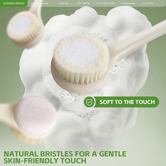 Back Scrubber for Shower with Long Handle, Dual-Sided Bath Brush with Soft Bristles & 150D Exfoliating Cloth, Anti-Slip Grip, Lightweight Back Washer for Shower, Men & Women (Light Yellow)