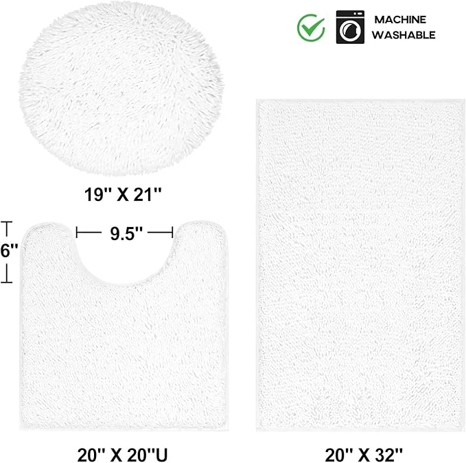 TREETONE Chenille Bath Mat 3 Piece Bathroom Rugs Set, 20x20 Inchs U-Shape Contoured Toilet Mat & 20x32 Inchs Rug & Lid Cover, Soft, Water Absorbent Plush Rugs for Tub Shower & Bath Room -White | 3 Mats-20"x32"/Contour/Lid Cover, White, Rubber Backing, ...