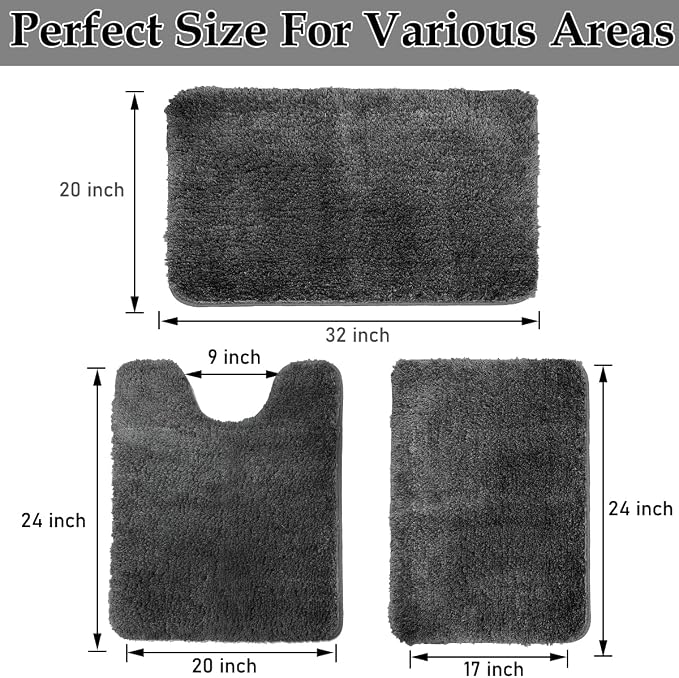 Bathroom Rugs Sets 3 Piece Extra Soft and Absorbent Microfiber Bath Rugs, Plush Shaggy Luxury Mat with Rubber Backing, Machine Wash Dry, Bath Mats for Bathroom Floor, Tub and Shower, Deep Grey