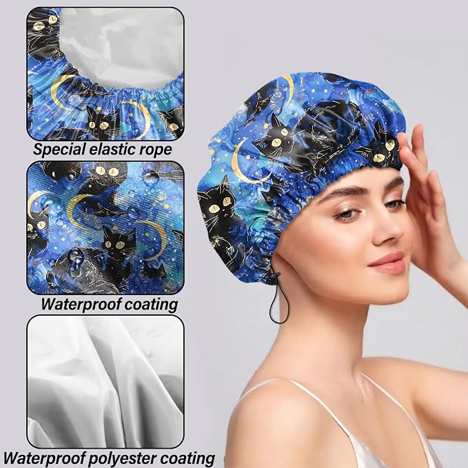2 PCS Shower Cap Reusable Waterproof Double Layers Hair Caps Shower Bath Adjustable Elastic Hat for Women Girls Cute Aesthetic-Flower Black Cat