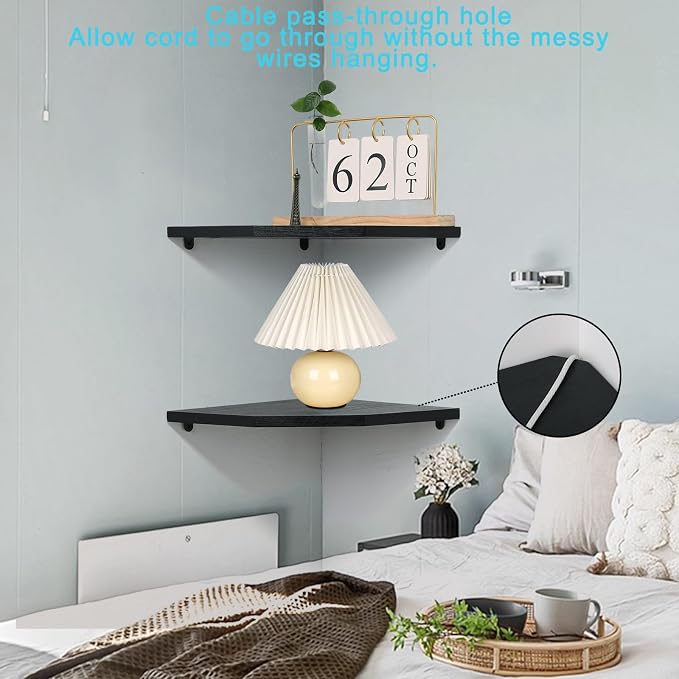 Joiishom Wood Corner Wall Shelves Set of 2, Solid Wood Corner Floating Shelves, Round End Wall Mounted Floating Corner Shelf for Bedroom, Living Room and Kitchen (Black-12 inch)