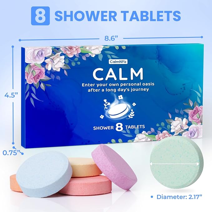 CalmNFiz Shower Steamers Aromatherapy Self Care Gifts 8 Pack Set, Blue | Birthday Gifts for Women, Mom, Wife, Friend, Teacher, Shower Bombs Essential Oil Tablets 8 Fragrances, Self-Care Relaxation