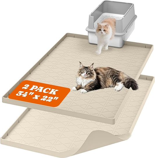Pawtners Silicone Cat Litter Mat 34 x 22 in, Easy to Clean, Beige, 2 Pack | Non-Slip Kitty Litter Mat for Floor, Waterproof & Urine-Proof Cat Litter Mat Litter Trapping Mat, Soft on Kitty Paws