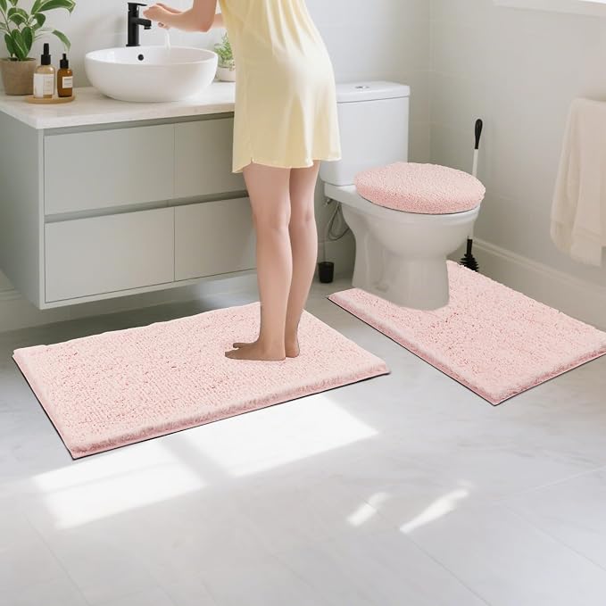 Bathroom Rugs Sets 3 Piece with Toilet Seat Cover 17.5"x 15" | Machine Washable Bath Rug Set with Tpr Non Slip Rubber Backing Solid Bath Mat Set for Luxury Bathroom Decoration