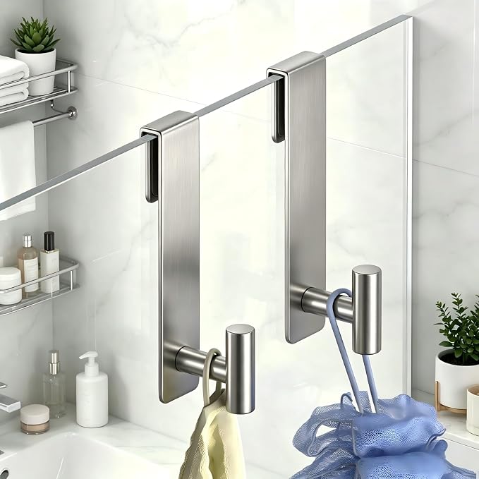 Shower Door Hooks, Heavy Duty Rack Hooks for Robe, Stainless Steel Robe Towel Hooks for Bathroom, Fits Frameless Glass Shower Doors up to 3/8" (10mm) Thick (Silver, 2 Pack)