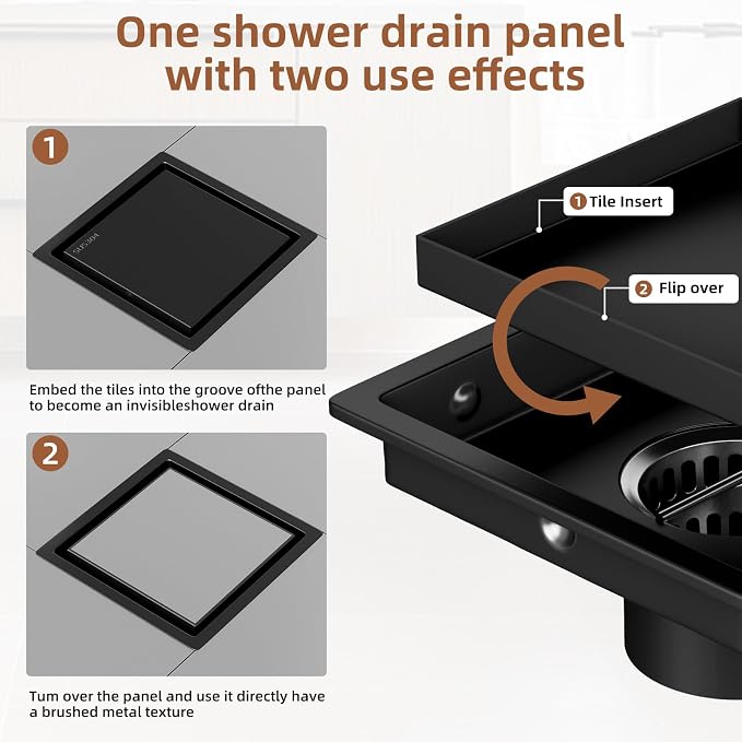 4 Inch Square Black Shower Drain Kit with Flange & Lifting Hook, Modern Floor Drain with 2-in-1 Cover Tiled Insert Grate, Stainless Steel SUS 304 (Matte Black, 4 Inch)