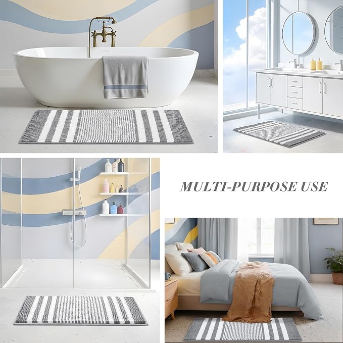 BSICPRO Bathroom Rugs Sets 2 Piece, Non Slip Striped Bath Mats, Light Grey | 20"x32" Plus 16"x24"，Soft Absorbent Chenille, Quick Dry Machine Washable, Shower Rug for Bathroom Floor, Tub, Bedroom Decor
