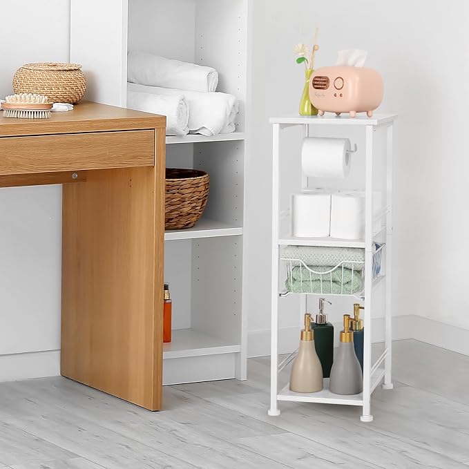 OYEAL Bathroom Storage Cabinet Freestanding Bath Shelf with Drawer Toilet Paper Storage Stand 3 Tier Towel Storage Organizer for Laundry Room Entryway Kitchen Pantry, White
