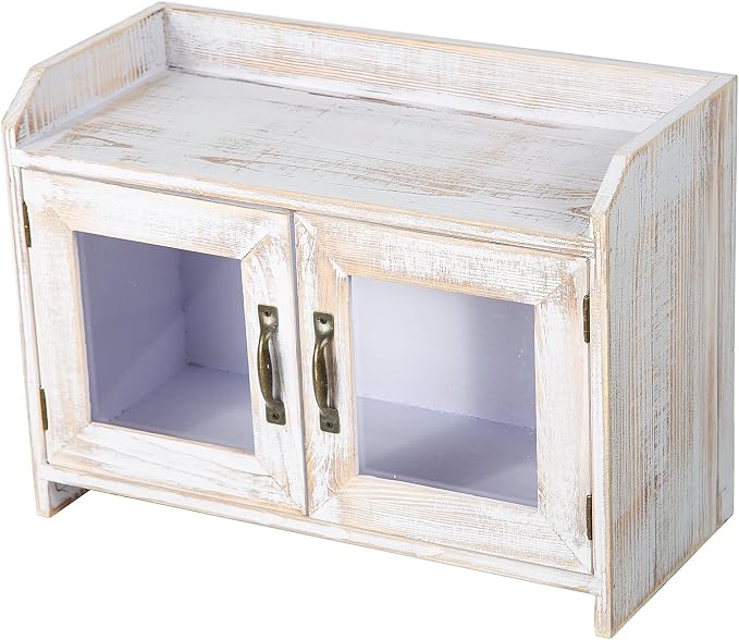 Rustic White Wood Counter Top Storage Cabinet Organizer Shelf Glass Window Doors Wooden Caddy Kitchen Bathroom Tabletop Vanity Chest Antique Farmhouse Style Mini Closet Box Rack Home