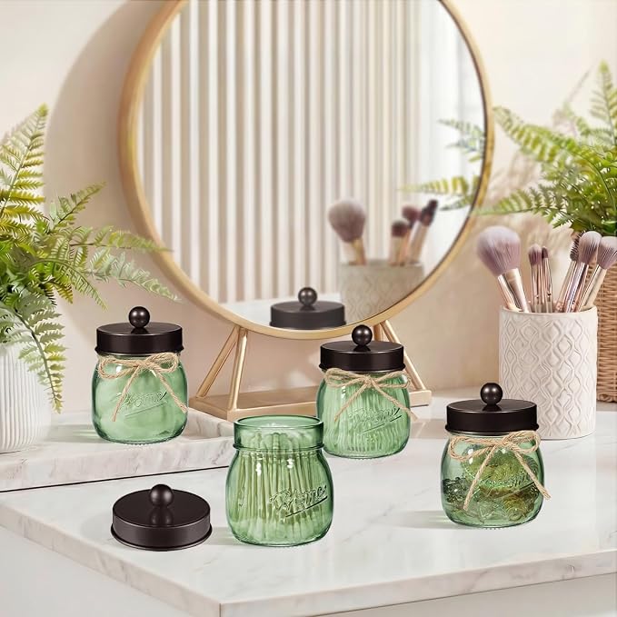 SheeChung 2 Pack Green Glass Mason Jar Qtip Holder Dispenser, Bronze Lids | Apothecary Jar Canisters Set,Stainless Steel Lids,Small Bathroom Jars,Vanity Storage Organizer for Cotton Swab,Ball,Pad,Floss