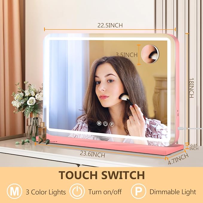 Ratsamee 23"x18" Pink Vanity Mirror with Lights, Led Makeup Mirror, Lighted Makeup Mirror with 3 Color Dimmable Lights, Smart Touch Screen Control, Aluminum Metal Frame,USB Charging Port