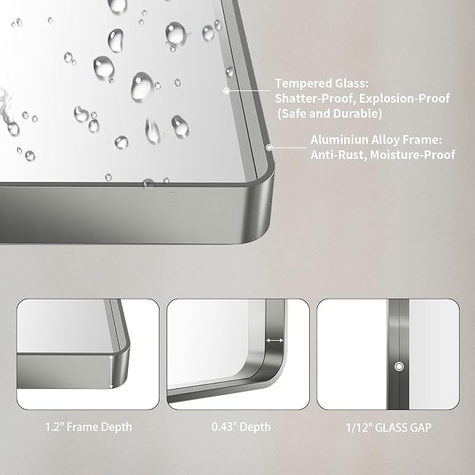 LOAAO 48X32 Inch Brushed Nickel Bathroom Mirror | Rounded Rectangle, Silver Metal Frame, Anti-Rust, Tempered Glass, Hangs Horizontally or Vertically