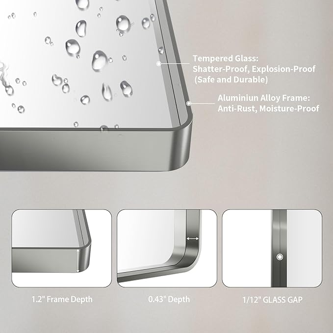 LOAAO 48X30 Inch Brushed Nickel Bathroom Mirror | Rounded Rectangle, Silver Metal Frame, Anti-Rust, Tempered Glass, Hangs Horizontally or Vertically