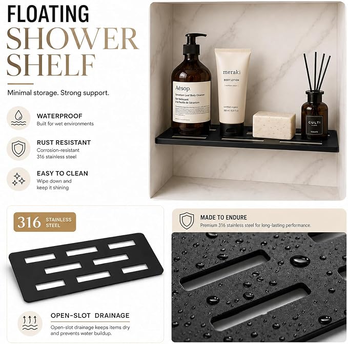 1 Pack Shower Niche Shelf Rectangular Bathroom Niche Shelf with Frosted Stainless Steel Finish, Fits 1/8 inch Grout Lines Shower Niche Insert