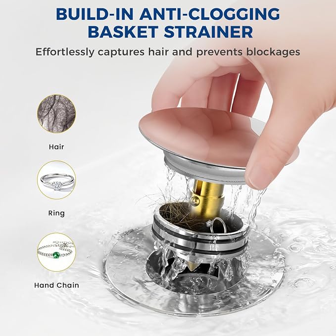 BOTEMY Solid Brass Pop-Up Drain with Overflow for Freestanding Tubs, Tool-Free Installation Bathtub Drain Stopper with Chrome Finish, Big Cap Fit 1.8" Hole, Leak-Proof Heavy Duty（Chrome）