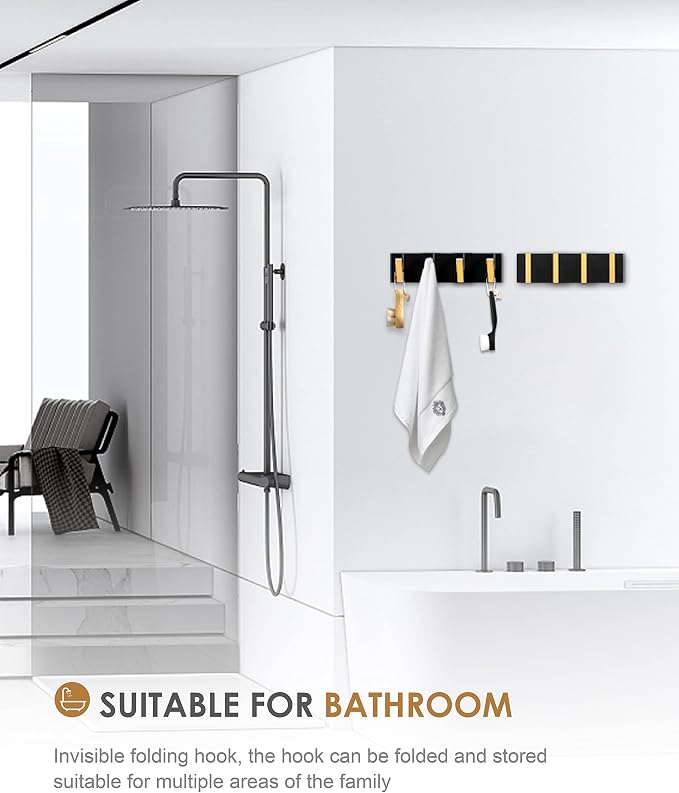 2 Pack，Waterproof Towel Hooks for Bathroom，Foldable Black Gold Coat Hooks，Free Perforated，Wall Hooks for Coat，Black Towel Hook，Robe Hook，for Balcony，Kitchen.