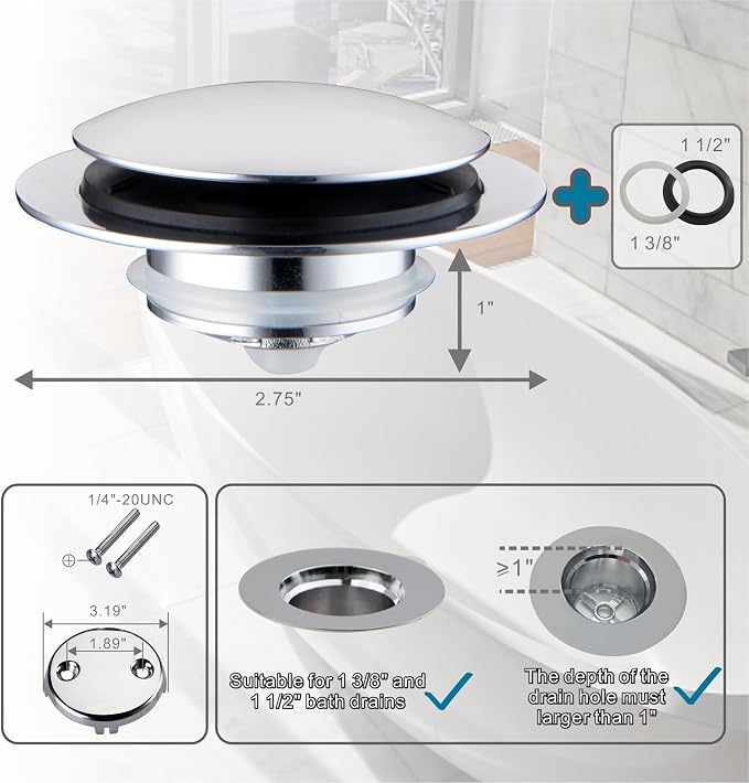 WELSAN Chrome Bathtub Drain Stopper, Universal Pop Up Tub Drain Stoppers Replacement Tip Toe and Lift and Turn with 2-Hole Overflow Face Plate Cover, EZ Bathtub Plug