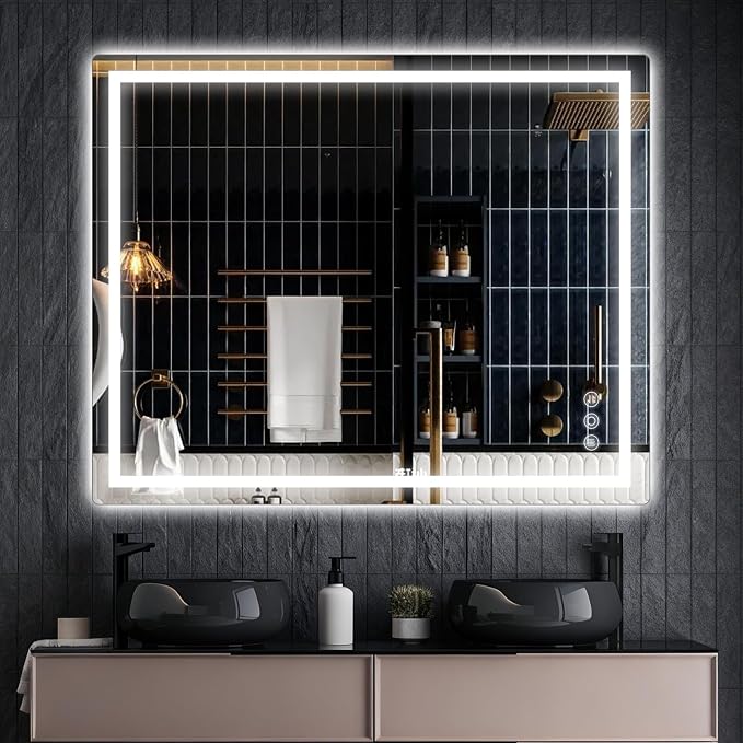 Memobarco 32" x 40" LED Bathroom Mirror with Lights, Memory Vanity Mirror | Anti-Fog, 3 Color Modes, Dimmable, Front Lit, Memory Function, Tempered Glass, Lighted Bathroom Mirror for Wall