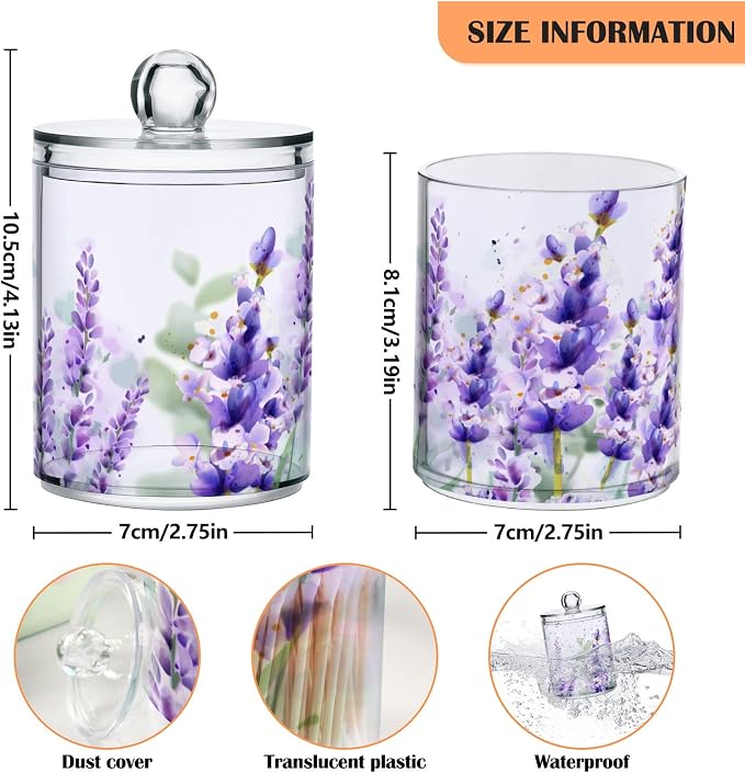 4 Pack Qtip Holder Dispenser Purple Lavender Cotton Ball Cotton Swab Round Pads Floss Clear Bathroom Storage Containers Plastic Apothecary Jars with Lids