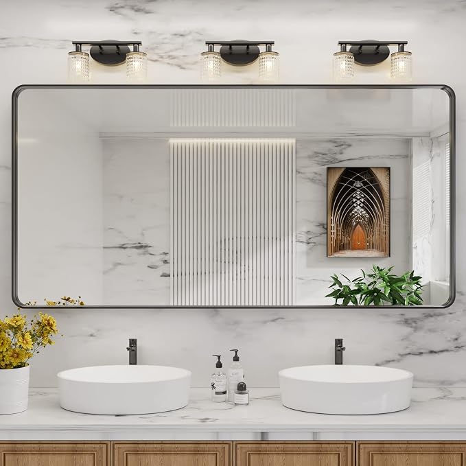 LOAAO 72X32 Inch Black Bathroom Mirror Metal Framed | Rounded Rectangle, Matte Black, Anti-Rust, Tempered Glass, Hangs Horizontally or Vertically
