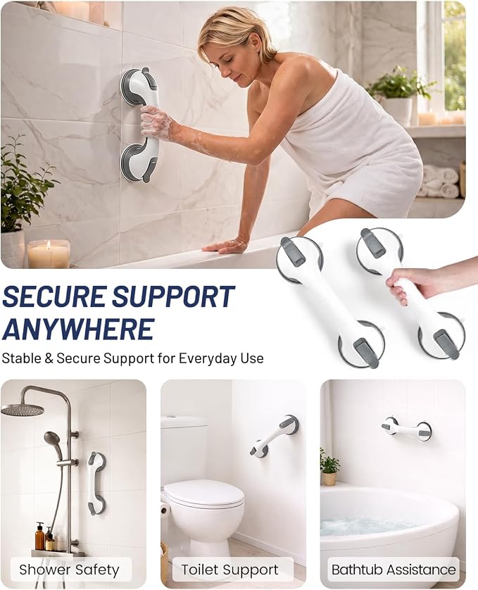 Suction Grab Bars for Bathtubs and Showers, Gel-Enhanced Heavy Duty Stable Grip Safety Bars for Seniors and Elderly, No Drilling Removable Bathroom Handles for Tub and Shower Support, Gray/W