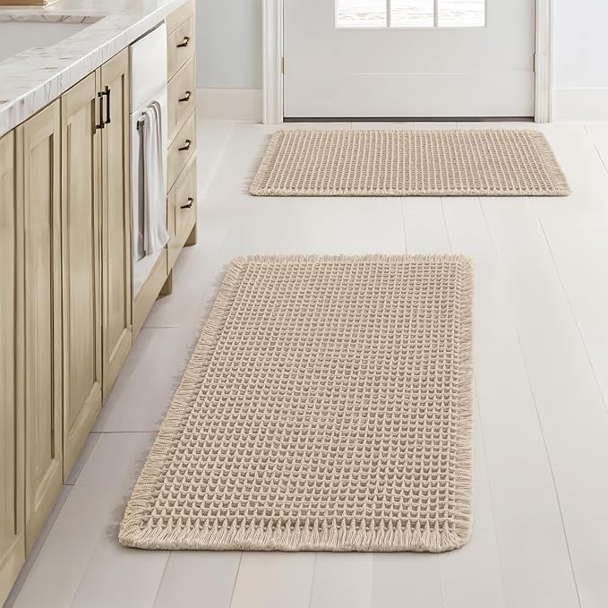 MIULEE Set of 2 Waffle Bathroom Rugs Boho Bath Mat Pale Beige 17x24 Inch | Non Slip, Super Absorbent, Washable, Ultra Soft, Rubber Backed, Small Bath Rugs for Bathroom Floor Tub Shower
